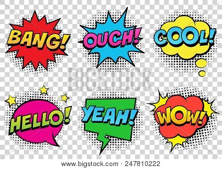 Retro Comic Speech Bubbles Set On Transparent Background. Expression Text Bang, Cool, Ouch, Hello, Y