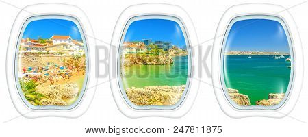 Porthole Frame Windows On Praia Da Rainha, Small Beach With Cliffs In Cascais Town, Portugal. Scenic