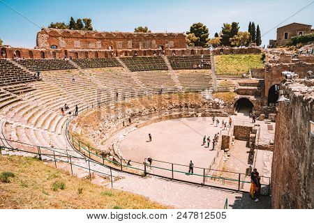 July 03, 2018. Taormina, Italy. The Caldron Of The Ancient Greek Theater Of Taormina In The Burning 