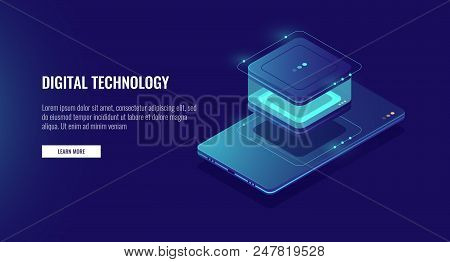 Personal Data Information Storage, Smartphone With Database Icon, Accounting Of Data Isometric Vecto