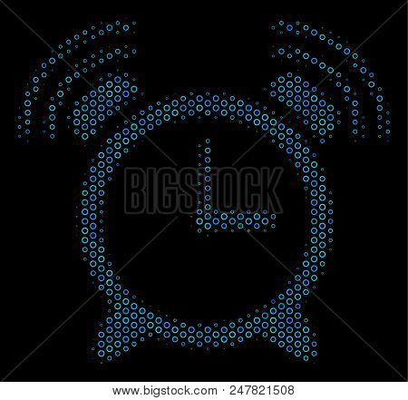 Halftone Buzzer Composition Icon Of Empty Circles In Blue Color Tints On A Black Background. Vector 