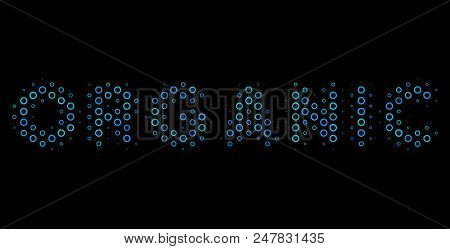 Halftone Organic Text Mosaic Icon Of Spheres In Blue Color Tones On A Black Background. Vector Conto