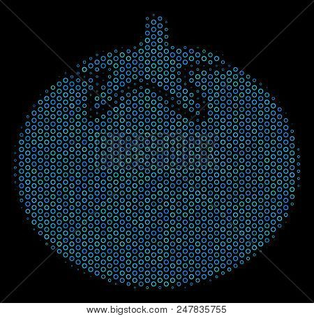 Halftone Tomato Vegetable Collage Icon Of Spheric Bubbles In Blue Color Tones On A Black Background.
