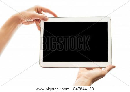 Female Hands Holding Tablet With Black Screen Isolated On White Background. Modern Mobile Device Dev