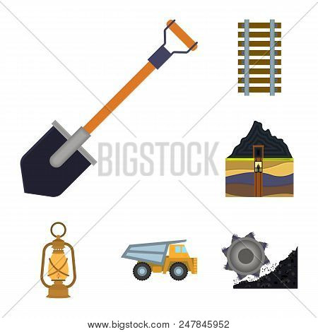 Mining Industry Cartoon Icons In Set Collection For Design. Equipment And Tools Vector Symbol Stock 