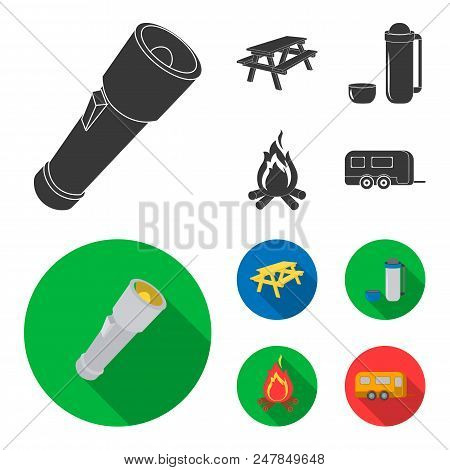 A Flashlight, A Table With A Bench, A Thermos With A Cup, A Caster. Camping Set Collection Icons In 