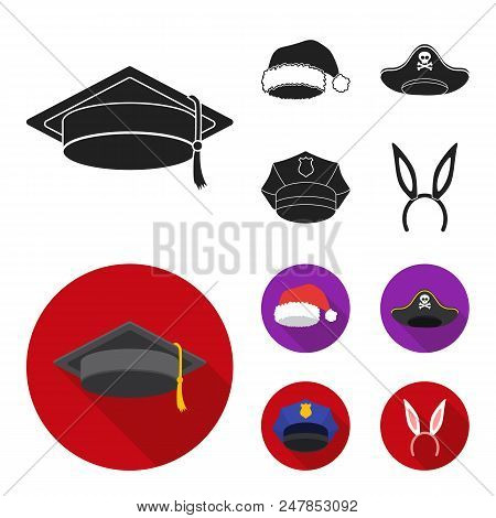 Graduate, Santa, Police, Pirate. Hats Set Collection Icons In Black, Flat Style Vector Symbol Stock 