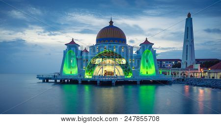 The Beautiful Masjid Selat Mosque In Melaka City In Malaysia At Night