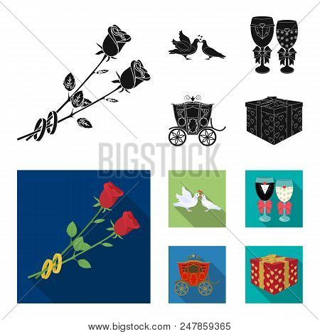 Wedding And Attributes Cartoon , Flat, Outline, Black Icons In Set Collection For Design.newlyweds A