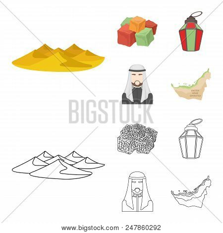 Eastern Sweets, Ramadan Lamp, Arab Sheikh, Territory.arab Emirates Set Collection Icons In Cartoon, 