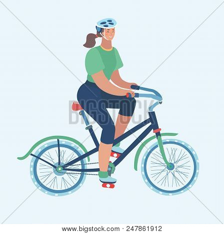Vector Cartoon Illustration Of Young Woman On Bicycle In Helmet. Female Character On White Backgroun