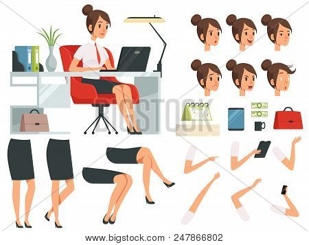 Constructor Of Business Woman. Cartoon Mascot Creation Kit Of Business Woman. Pose Animation And Cre