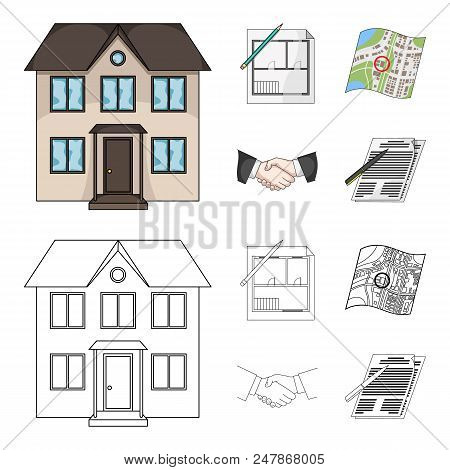 House Plan, Documents For Signing, Handshake, Terrain Plan. Realtor Set Collection Icons In Cartoon,