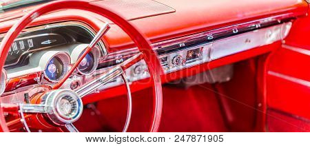 Shallow Depth Of Field Closeup Of The Dashboard And Instrumentation Details On A 1964 Mercury Montcl