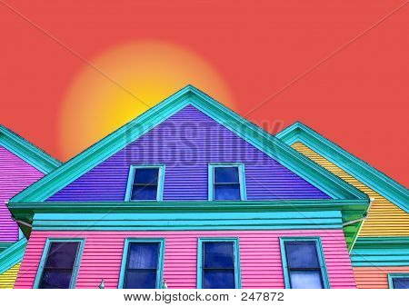 Farverige hus Orange himmel