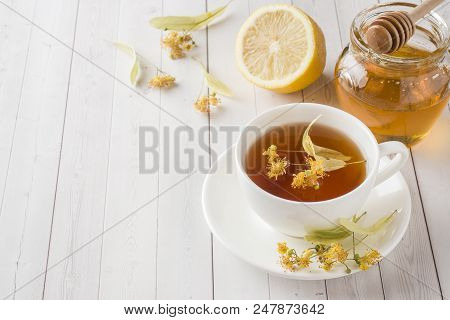Tea With Linden, Honey And Lemon. Healthy Food, Treatment Of Colds