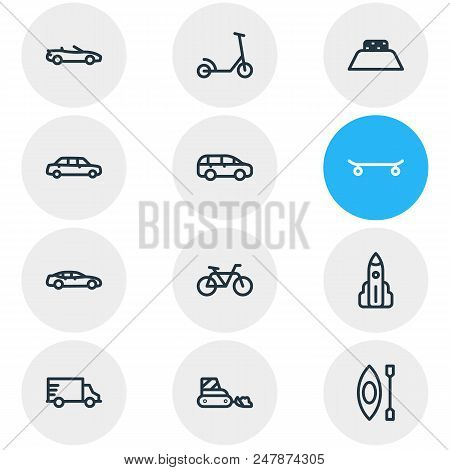 Illustration Of 12 Transit Icons Line Style. Editable Set Of Bike, Mpv, Snow Removal Car And Other I