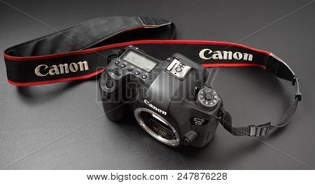 Gomel, Belarus - July 2, 2018: Canon 6d Camera On A Black Background