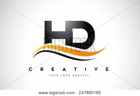 Hd H D Swoosh Letter Logo Design With Modern Yellow Swoosh Curved Lines Vector Illustration.