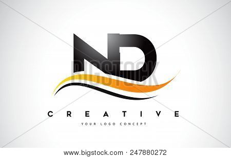 Nd N D Swoosh Letter Logo Design With Modern Yellow Swoosh Curved Lines Vector Illustration.