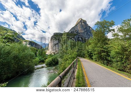 Sarca River Near The Small Village Of Sarche With The Bicycle Path. Trentino Alto Adige, Italy, Euro