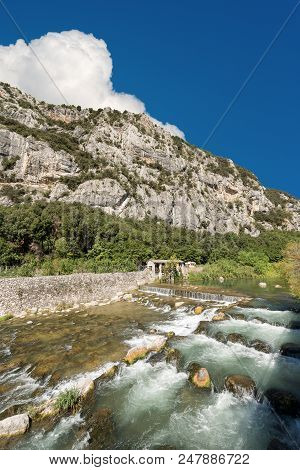 The Sarca River (fiume Sarca) And Italian Alps. Trentino Alto Adige, Italy, Europe