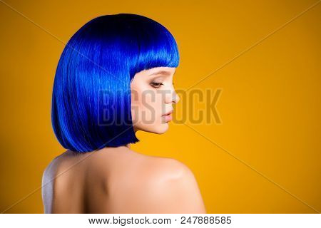 Profile Portrait With Copy Space Empty Place For Product Of Charming Pretty Woman In Bright Blue Wig