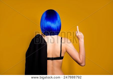 Fuck You Bitch! Middle Finger Sign By Mysterious Unknown Nude Stranger Woman In Vivid Blue Wig Black