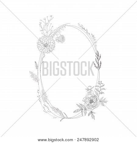 Floral Frame With Daliha And Peony. Flower Decoration For Greeting Card.