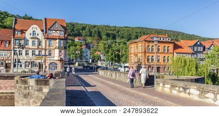 Hann. Munden, Germany - May 07, 2018: Panorama Of The Bridge Over The River Werra In Hannoversch Mun