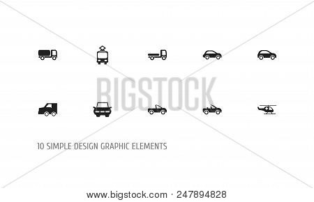 Set Of 10 Editable Transport Icons. Includes Symbols Such As Medical Helicopter, Freight Car, Cart A