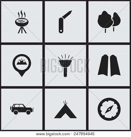 Set Of 9 Editable Trip Icons. Includes Symbols Such As Suv, Pinpoint, Jackknife And More. Can Be Use