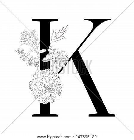 Floral Alphabet. Decorative Serif Letter. Uppercase Font.