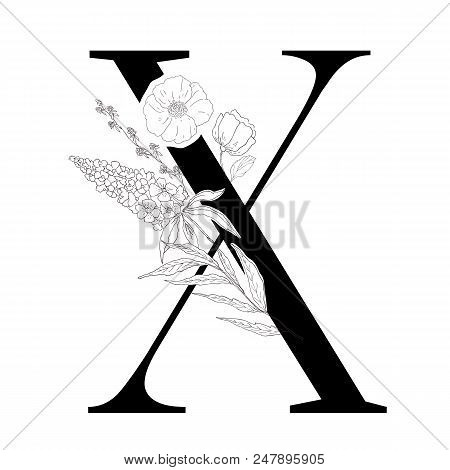 Floral Alphabet. Decorative Serif Letter. Uppercase Font.