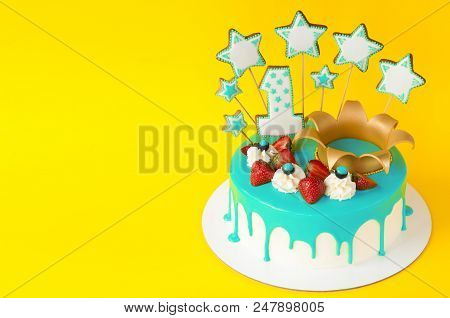 Birthday Cake 1 Year For Little Child With Cyan Glaze, Strawberries, Cream, Blueberry, Gold Crown, G