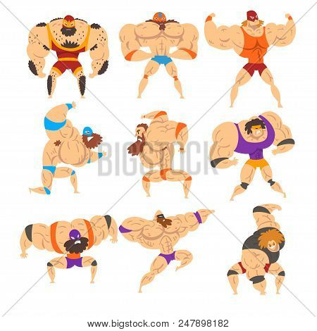 Powerful Wrestling Fighter Characters Set, Professional Wrestler Of Recreational Sports Show Vector 