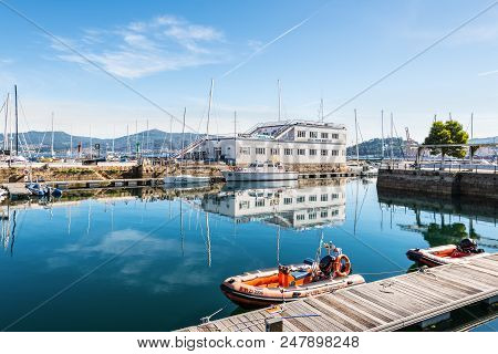Vigo, Spain - May 20, 2017: Rubber Rescue Boats Moored In The Port Of Vigo, Galicia, Spain. The Real
