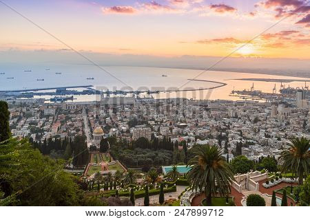 Haifa, Israel, June 30, 2018 : Dawn In Haifa. View Of The Downtown Haifa, Bahai Garden And Haifa Bay