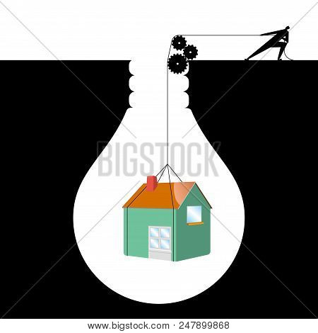 Businessman Lifting House From Trap, The Trap Is In The Shape Of A Light Bulb.