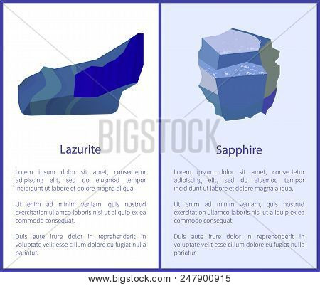 Lazurite And Sapphire Precious Gemstones, Variety Of Minerals Corundum, An Aluminium Oxide. Blue Gem