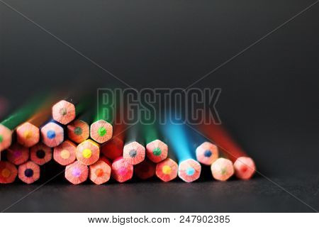 Colored Pencils, Back View, Selective Focus, Free Copy Space, Black Background