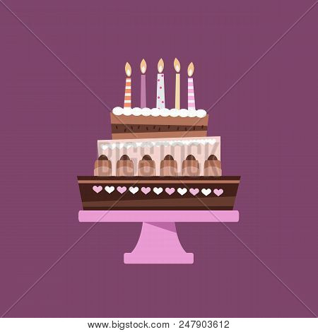 Beautiful  Chocolate  Birthday Cake In Cartoon Style. Vector Illustration.