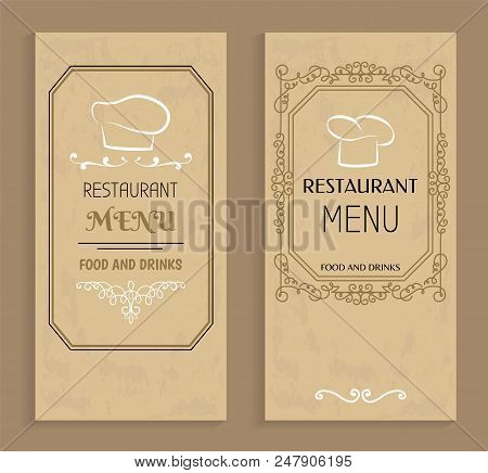 Restaurant Menu With Drinks And Food Templates. Menu Of Vintage Design With Chef Hat Logo. Prestigio