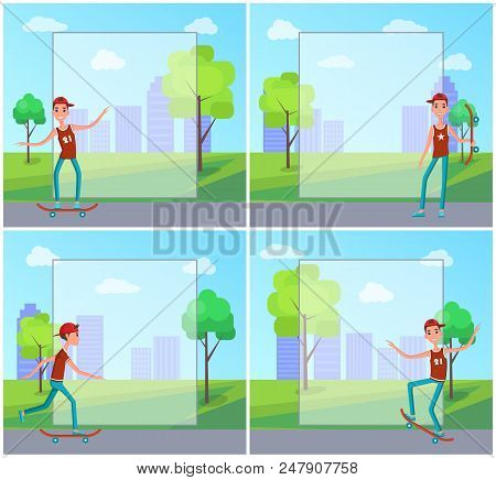 Set Of Posters With Skateboarder Training In Green Skatepark With Trees, Getting Ready For Go Skateb