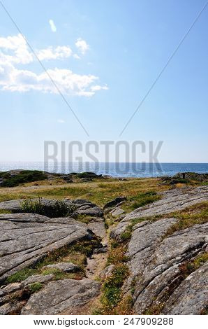 Scandinavian Summer Landscape, Rocky Shore And Blue Sea