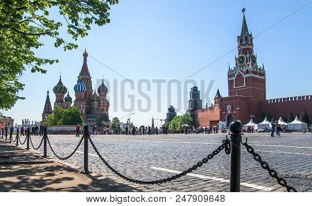 Moscow, Russia, May 13 2018 Red Square, Cathedral Of Vasily Blessed And Spasskaya Tower Of Moscow Kr