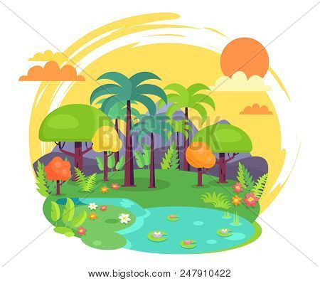 Indian Jungle With Thick Leafy Trees, Tall Palms, Fresh Grass, Thin Stream That Goes Into Small Lake
