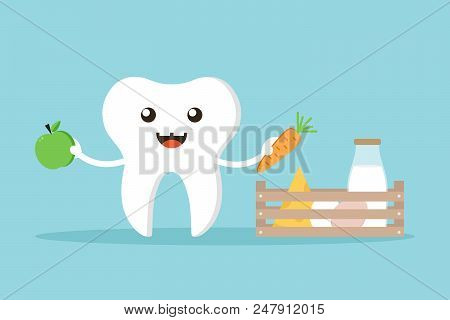 Cute And Happy Vector Cartoon Tooth Character With Fresh Crunchy Fruits, Vegetables And Dairy Farm P