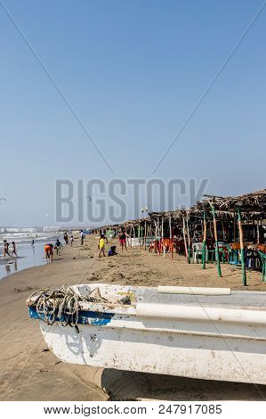 La Boquilla Cartagena, Colombia. March 2018. A View Of Boats On La Boquilla Beach Near Cartagena Col