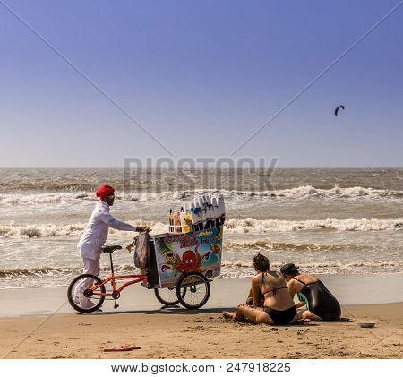 La Boquilla Cartagena, Colombia. March 2018. A View Of A Refreshment Seller On La Boquilla Beach Nea